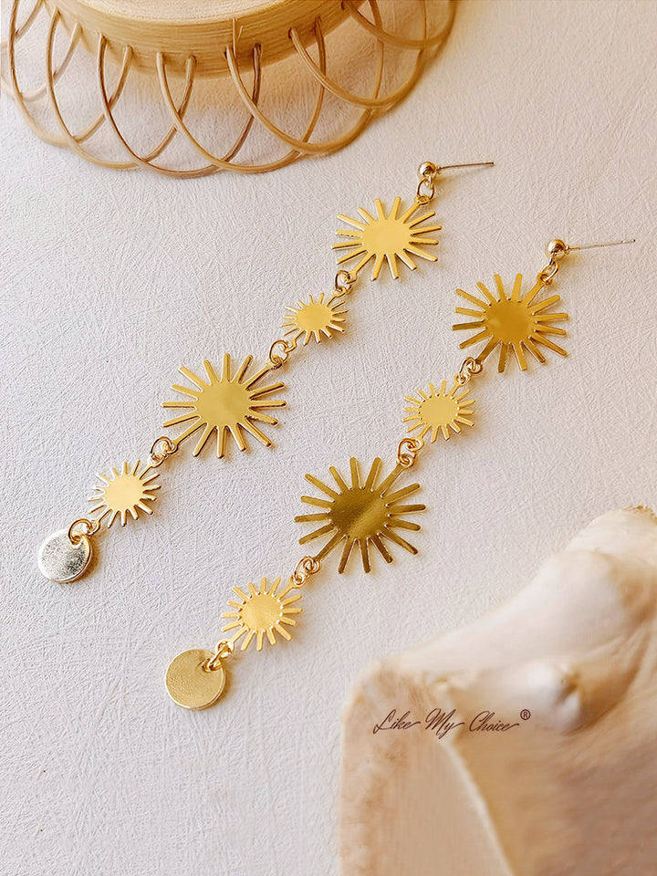 Gold Sun Long Drop Earrings