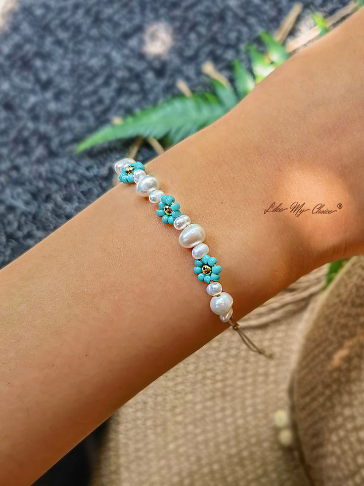 Gelang Manik-manik Serut yang Dapat Disesuaikan Gelang Daisy Biru