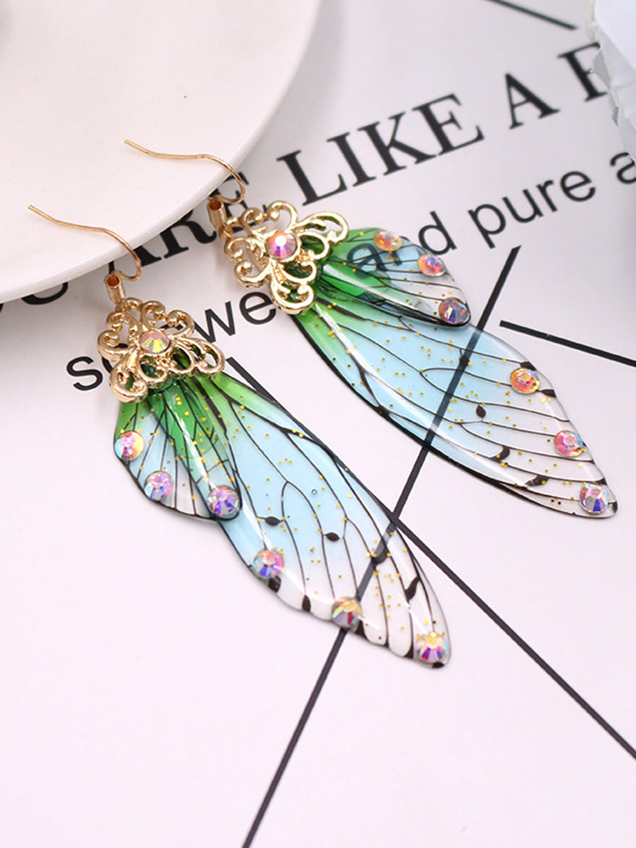 Boucles d'oreilles en cristal de strass vert aile de papillon aile de cigale