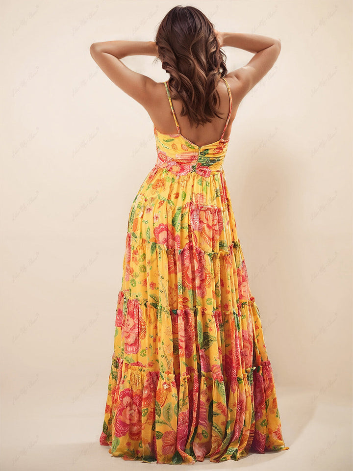 Hanging gât imprimat Floral Design Backless Straight Maxi rochie