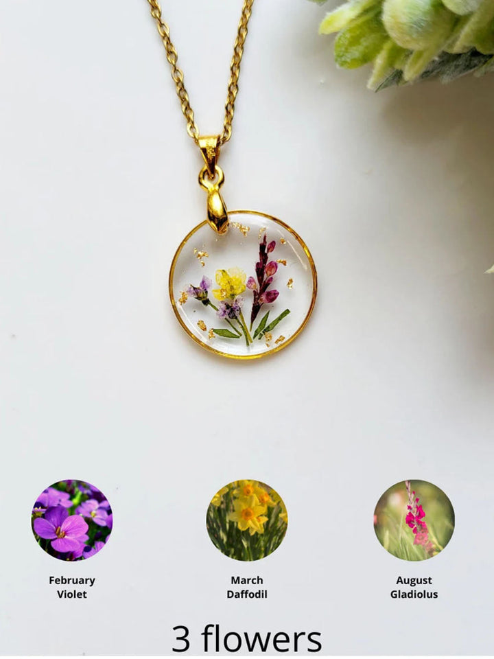 Collares colgantes de resina prensada con ramillete de flores de nacimiento hechos a mano