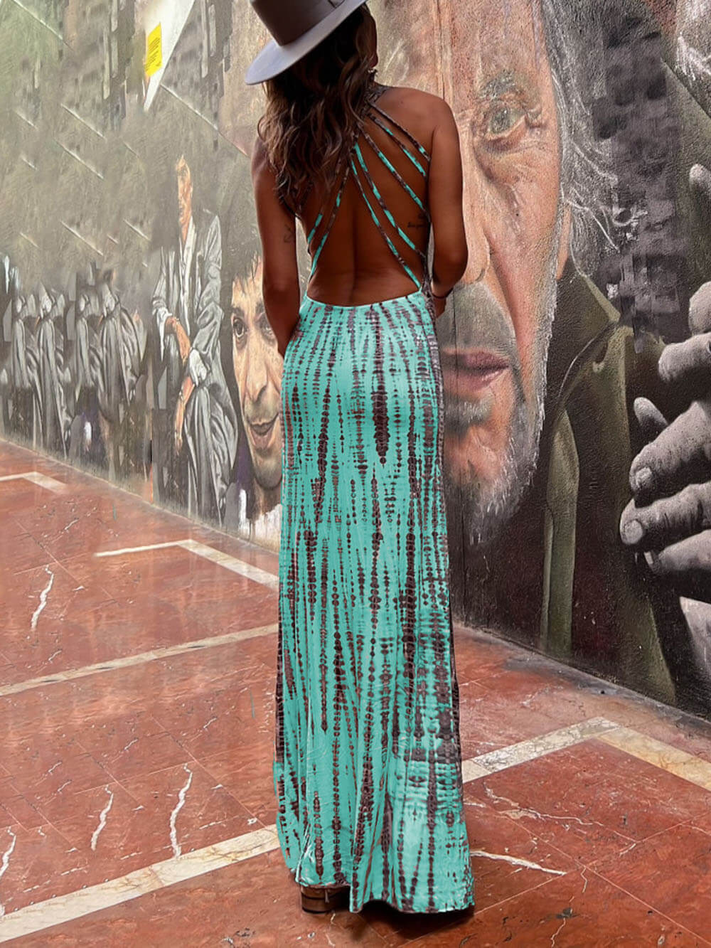 Vestido Maxi Tie-dye Print com cordões nas costas e elástico