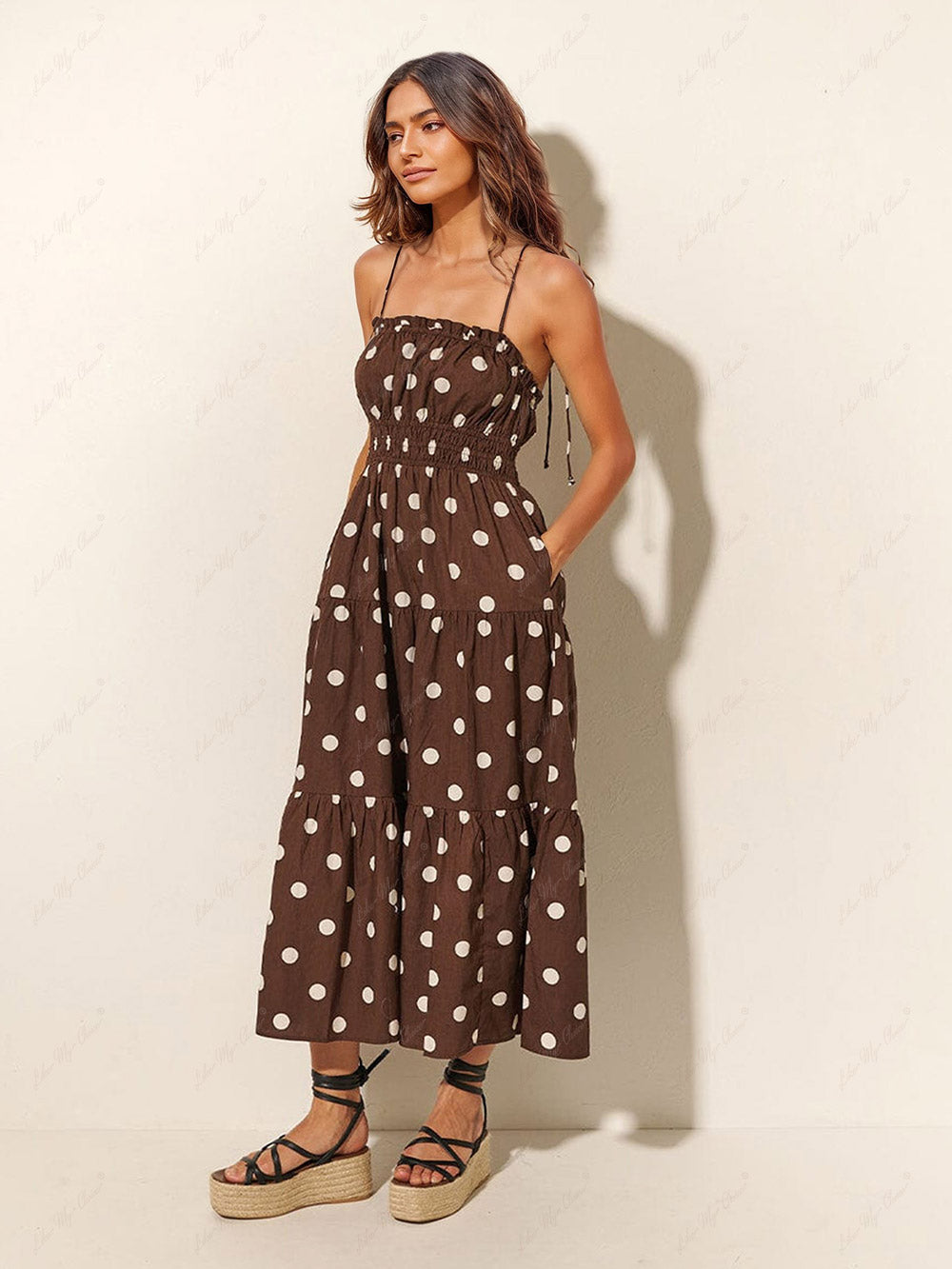 Ciocolată și fildeș Polka Dot Print Pleated Elastic Strap Dress