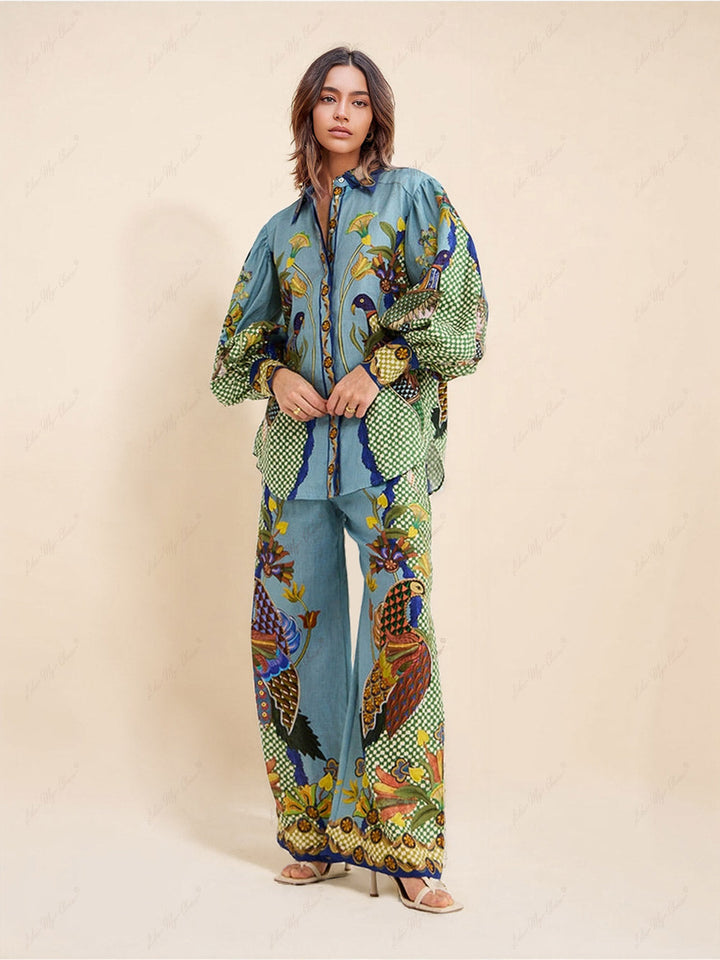 Unique Printed Puff Sleeve Holiday Casual Lanyard Suit (Combinaison décontractée à manches bouffantes)