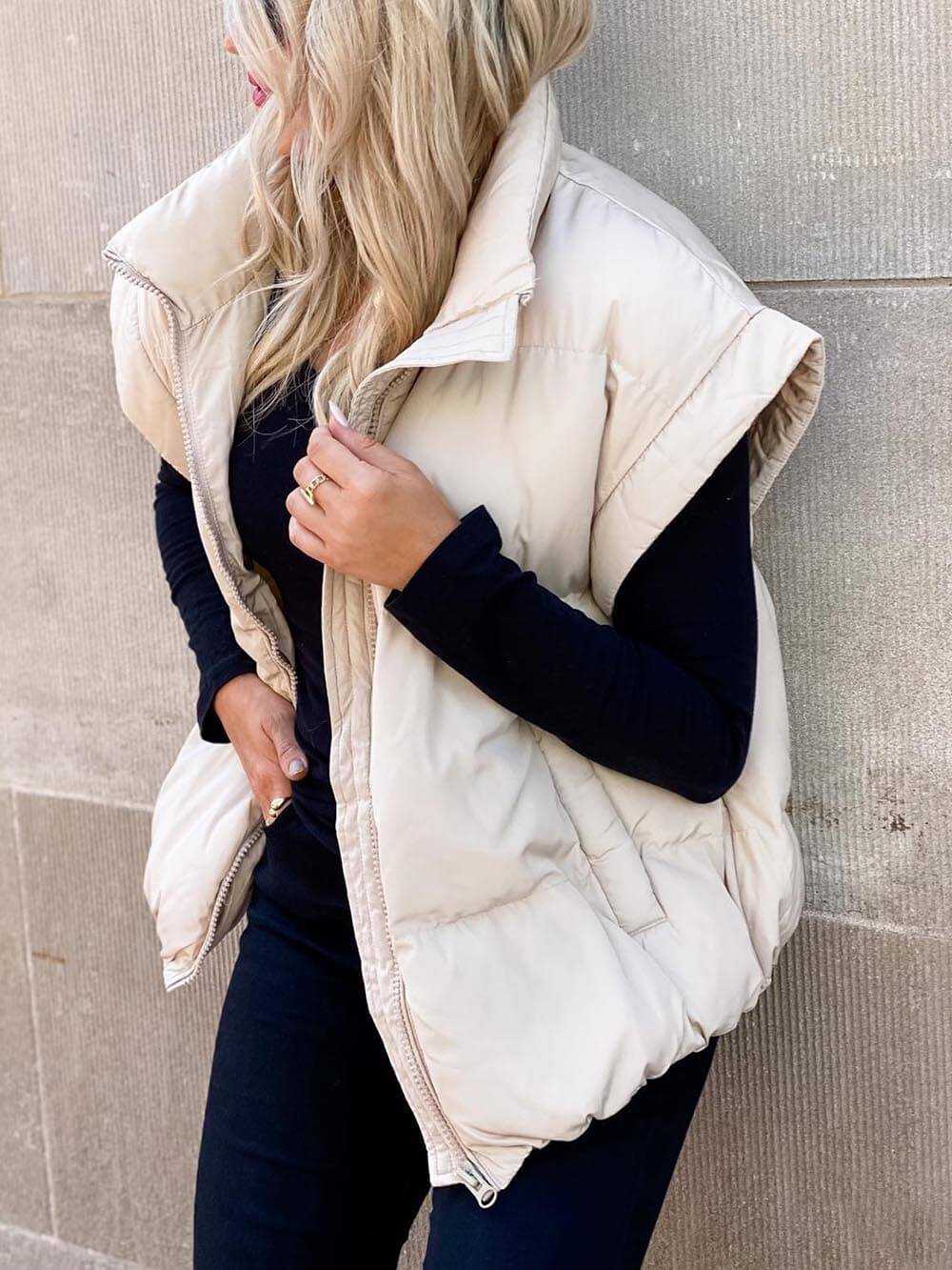 Giacca gilet in cotone con tasca a zip per pendolari, con colletto in piedi alla moda