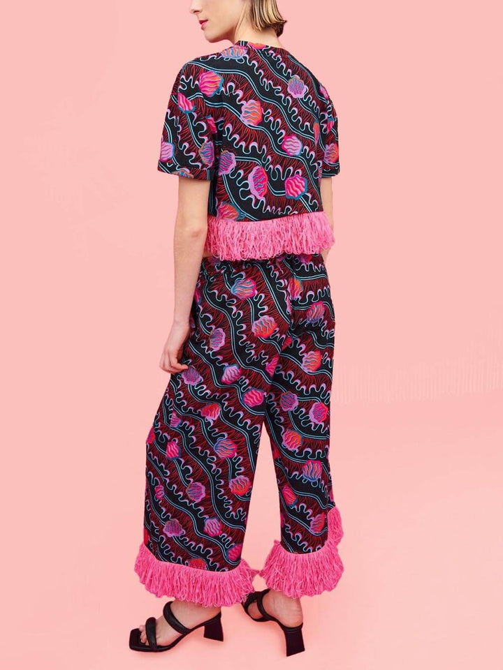 Unique Tassel Splicing Shell Spray Print Pocket Wide Leg Pants