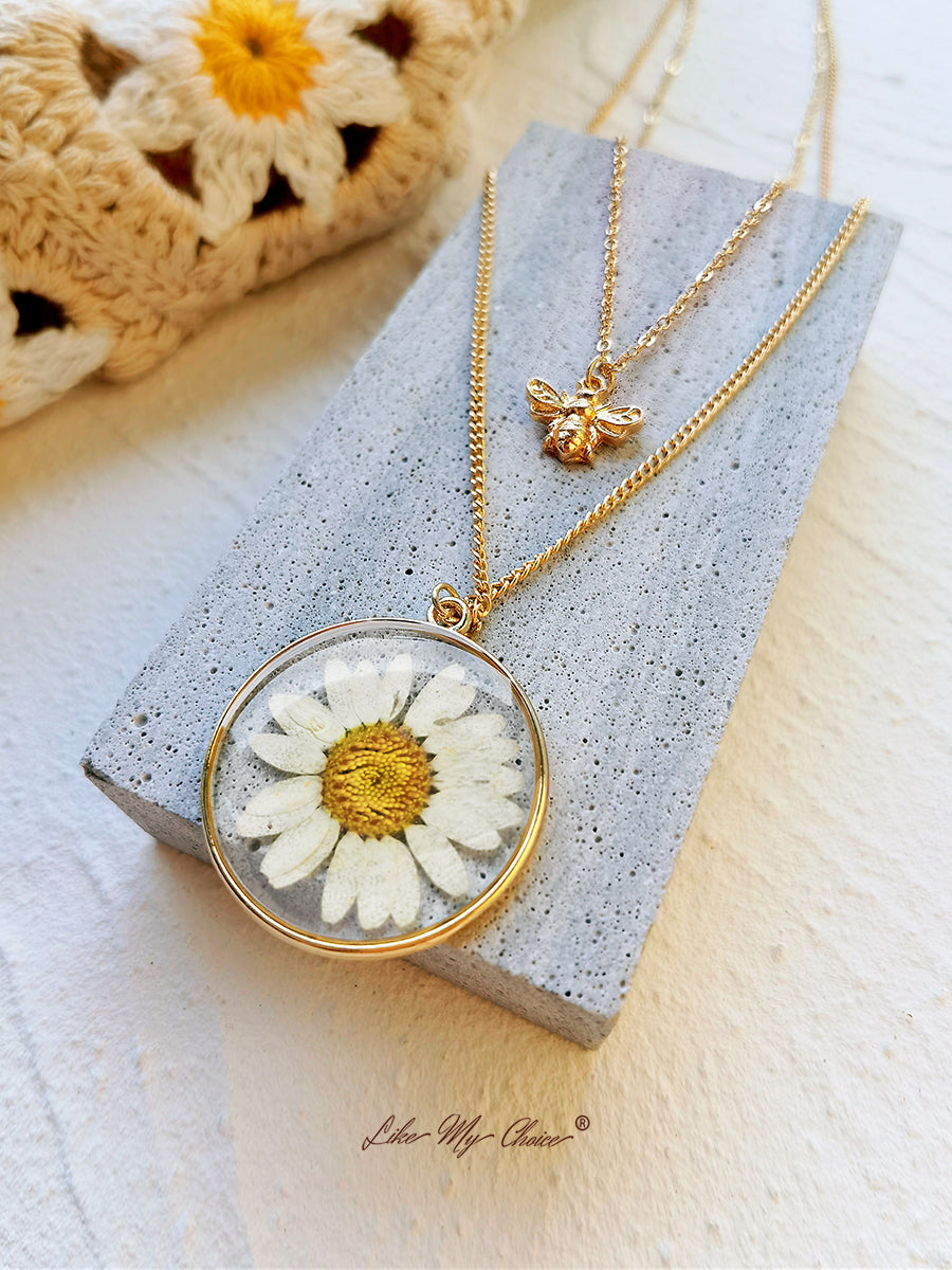 Puristettu kukka kaulakoru - Luonnollinen Daisy&Bee