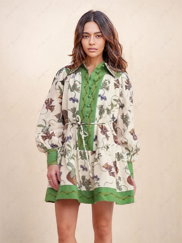 Unieke Print Kleur Match Ballon Mouwen Shirt Mini Dress