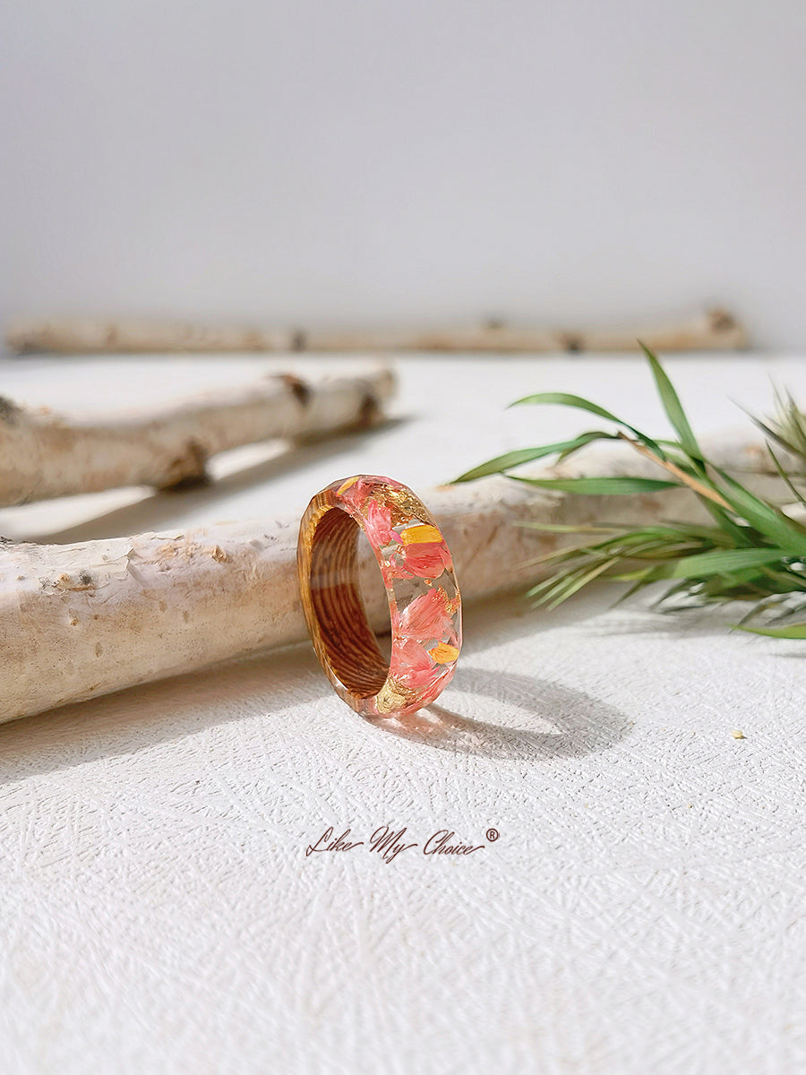 Anillo de resina con incrustaciones de flores secas hecho a mano-Lámina de oro rojo