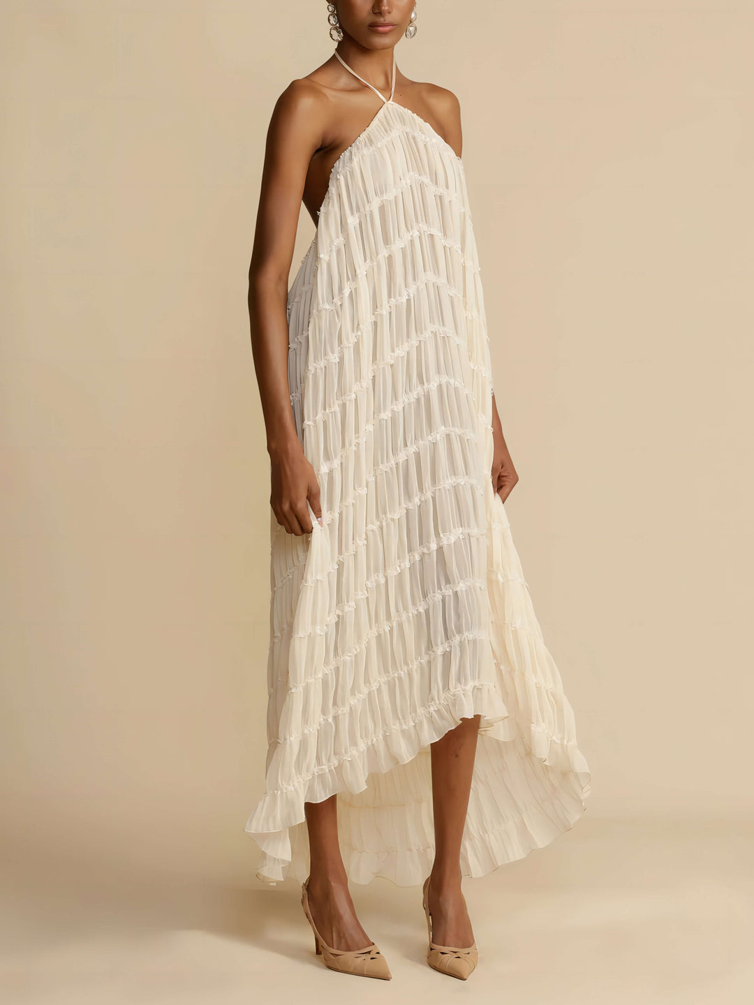 Charming plisat cordon talie Tiered Halterneck Midi Dress