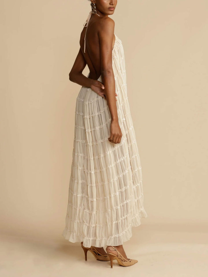 Charming plisat cordon talie Tiered Halterneck Midi Dress