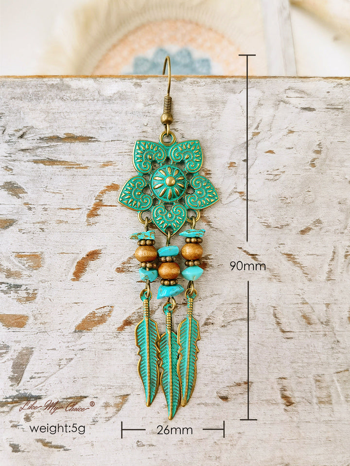 Boucles d'oreilles pendantes Boho Ethnic Fleur verte antique