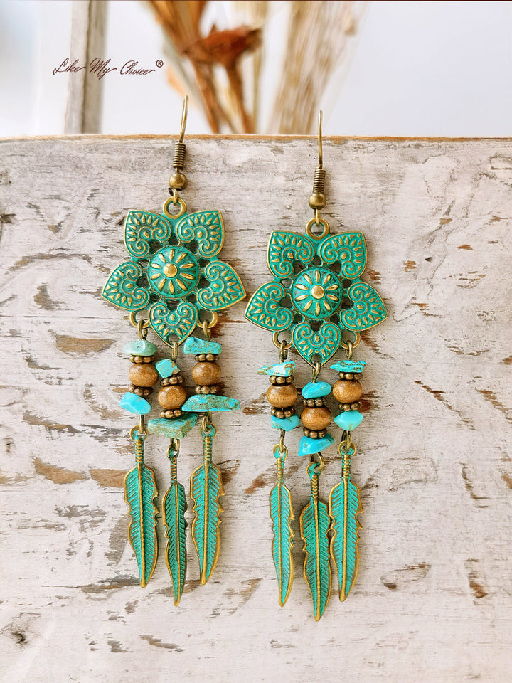 Boucles d'oreilles pendantes Boho Ethnic Fleur verte antique