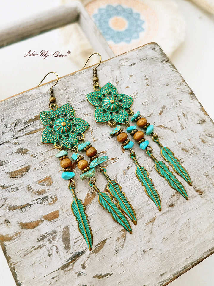 Boucles d'oreilles pendantes Boho Ethnic Fleur verte antique