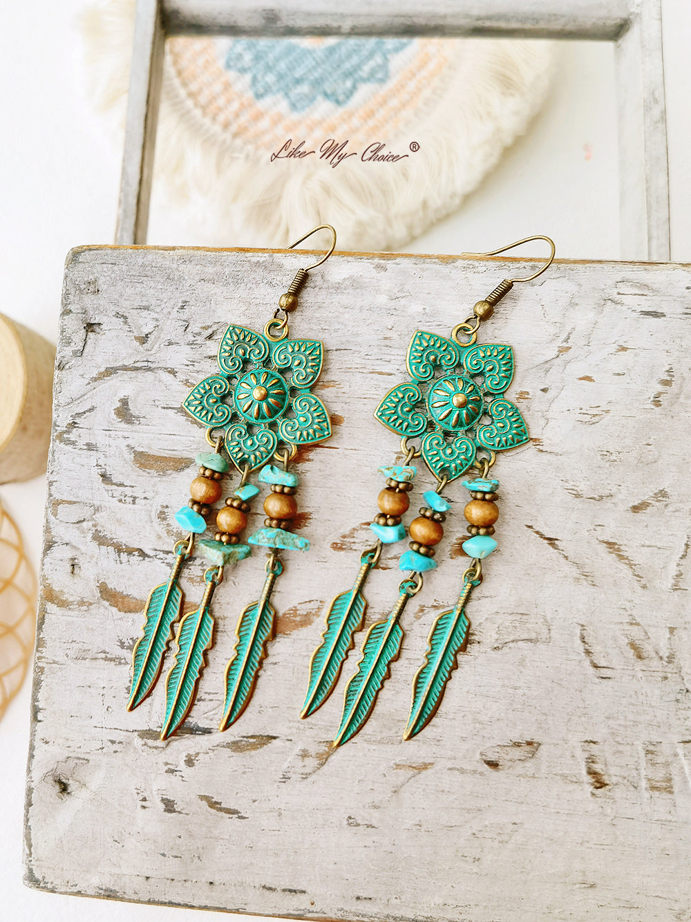 Boucles d'oreilles pendantes Boho Ethnic Fleur verte antique