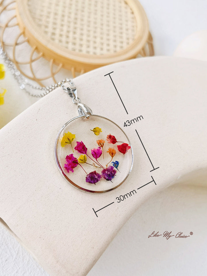 Rainbow Botanical Garden Dried Flowers Pendant Necklace