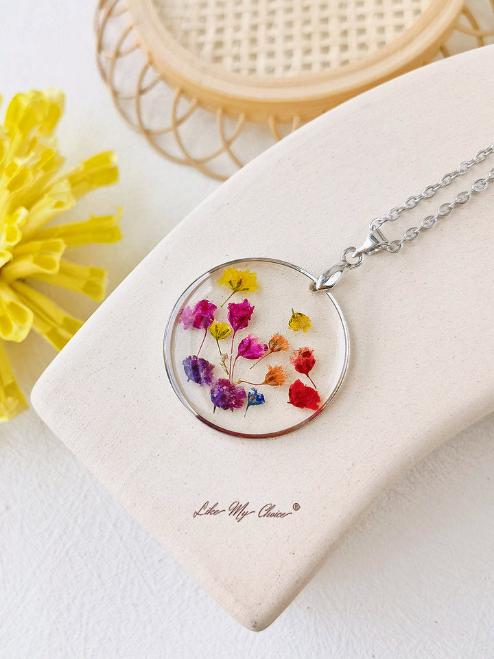 Rainbow Botanical Garden Dried Flowers Pendant Necklace