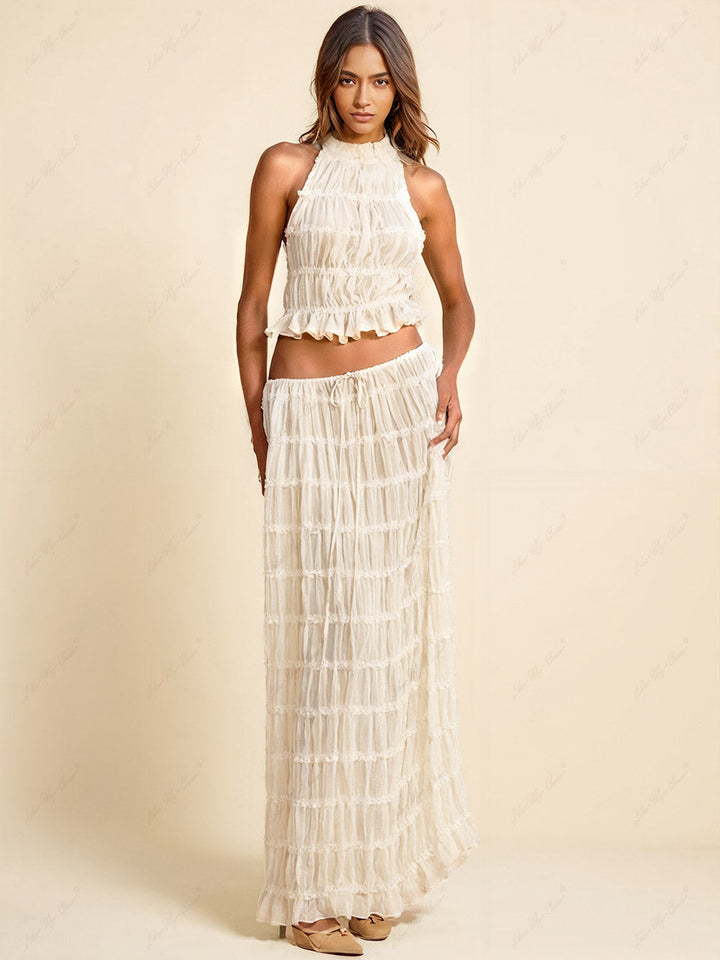 Charmed Pleated Drawstring Waist Tiered Maxi Skirt (jupe longue plissée à taille nouée)