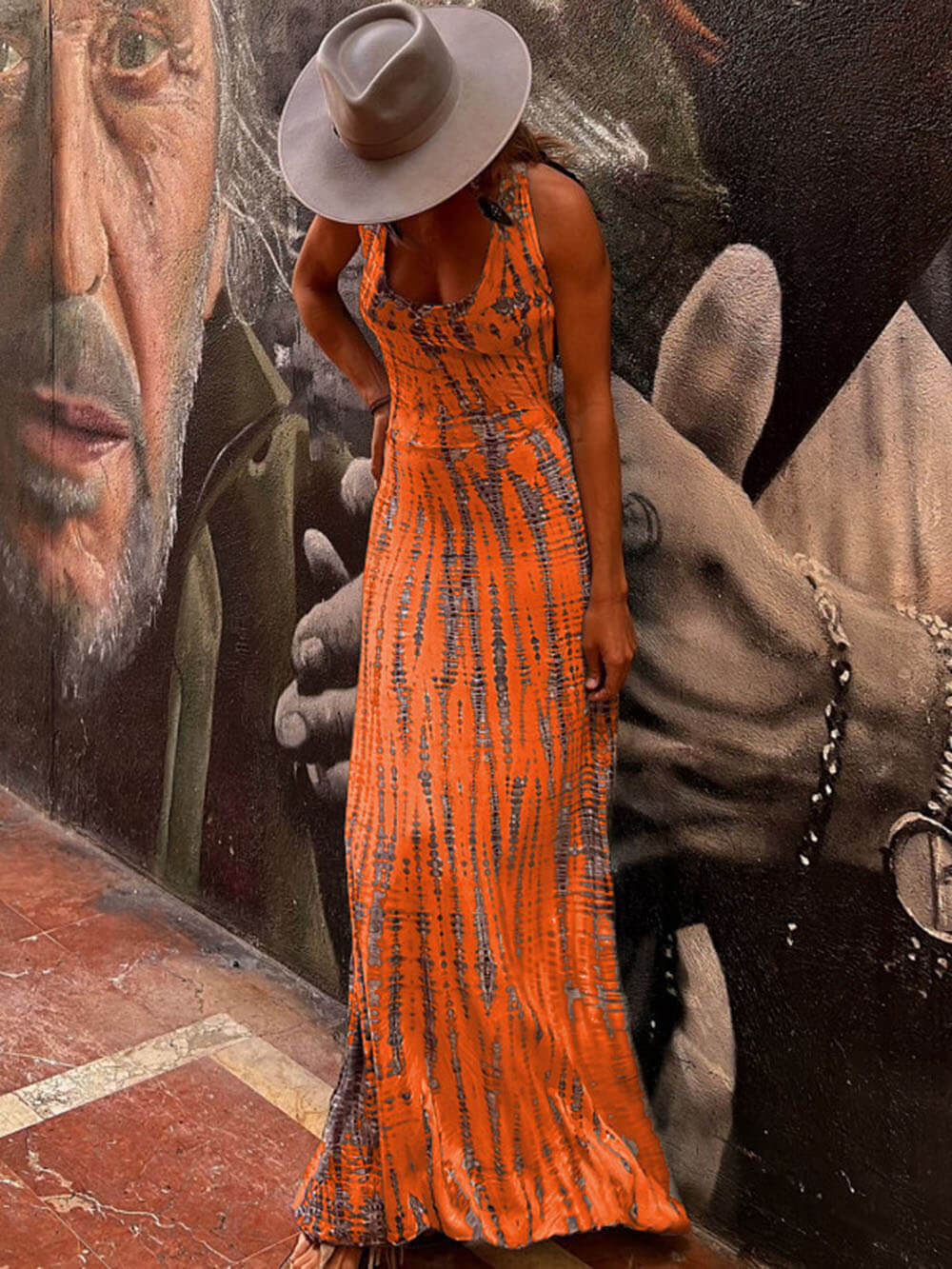 Tie-dye Print Back Lace-up Stretch Maxi Dress