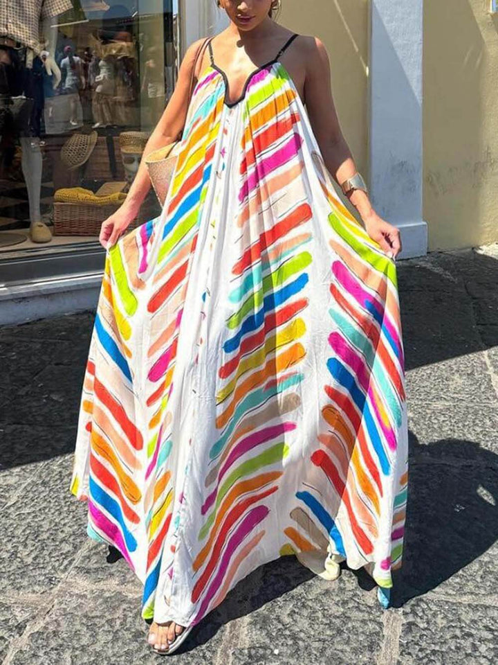 Modernes Regenbogen-Streifendruck Kleid mit losen Trägern