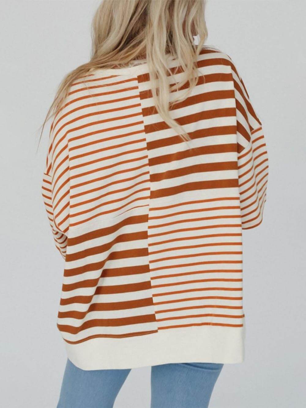 Casual Stripe Buttons Patchwork Contrast Round Neck T-Shirts