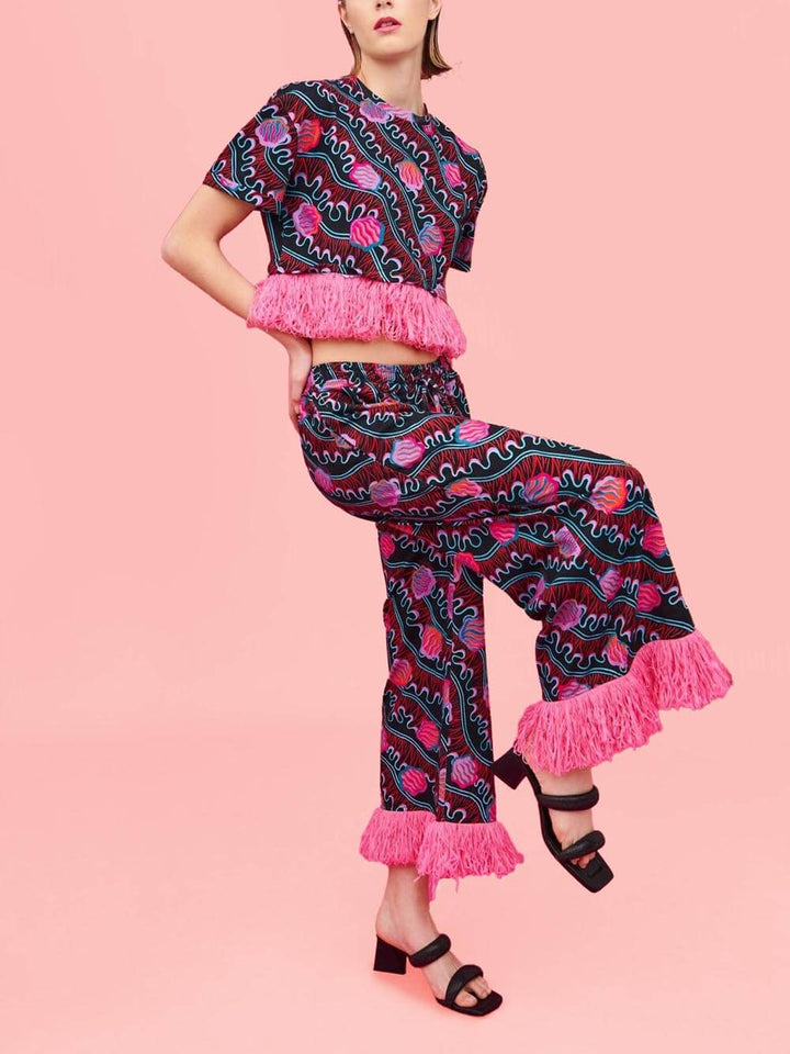 Unique Tassel Splicing Shell Spray Print Pocket Wide Leg Pants