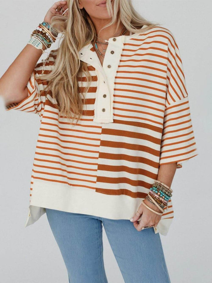 Casual Stripe Buttons Patchwork Contrast Round Neck T-Shirts