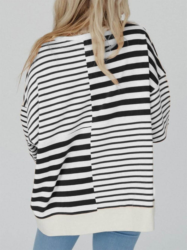 Casual Stripe Buttons Patchwork Contrast Round Neck T-Shirts