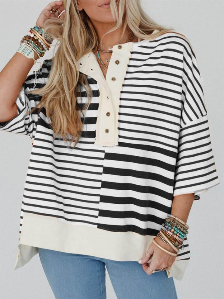 Casual Stripe Buttons Patchwork Contrast Round Neck T-Shirts