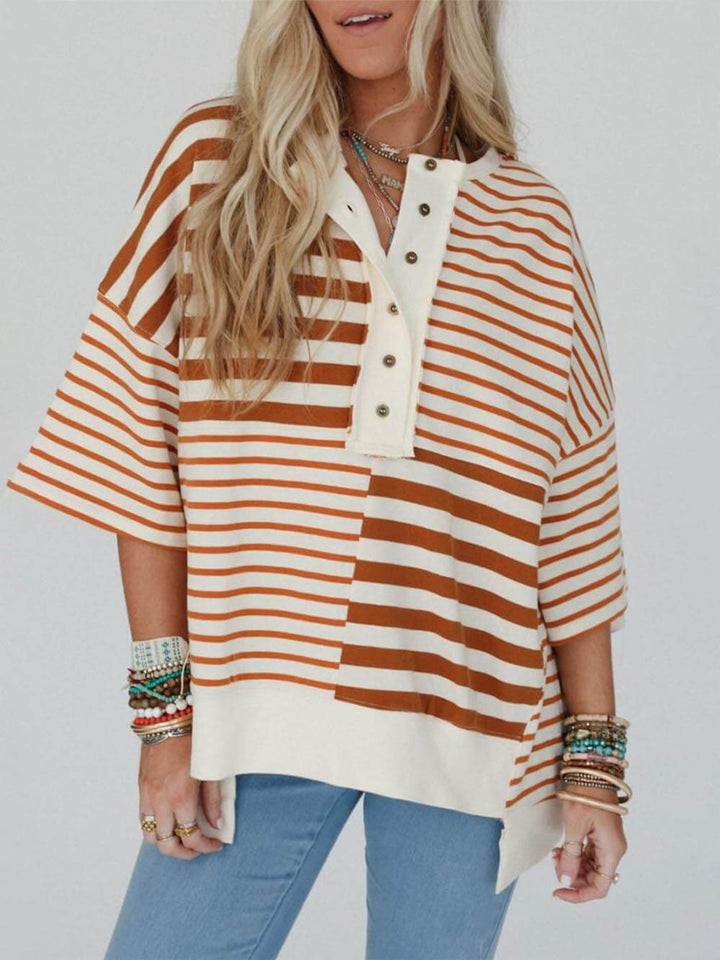 Casual Stripe Buttons Patchwork Contrast Round Neck T-Shirts