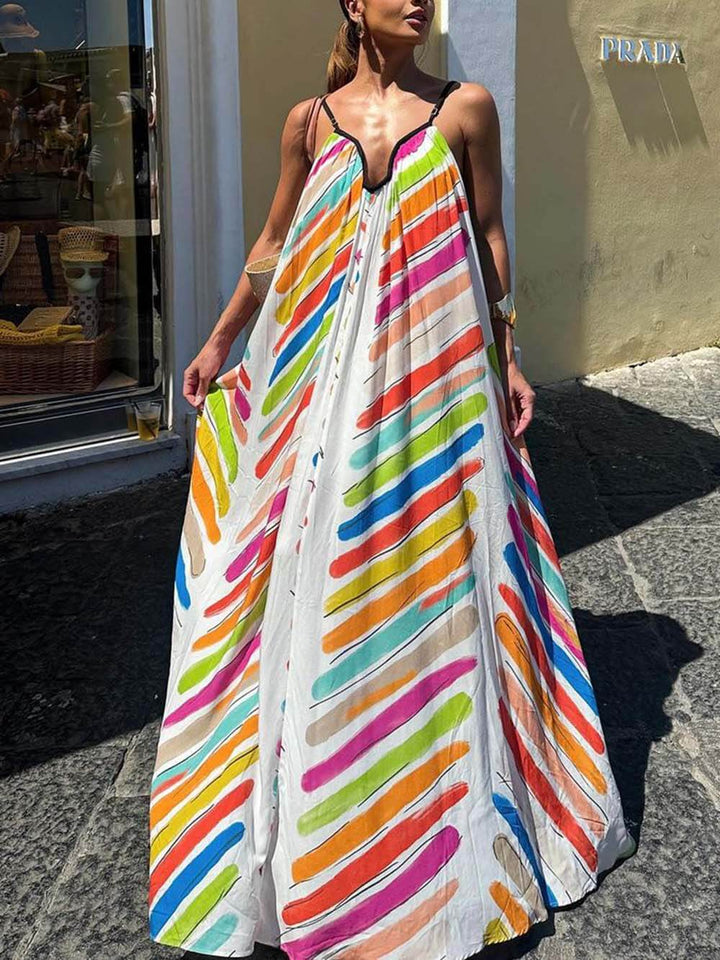 Modernes Regenbogen-Streifendruck Kleid mit losen Trägern