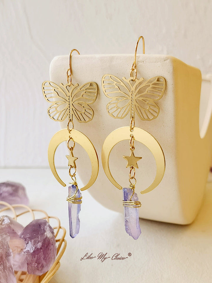 Boucles d'oreilles papillon creuses en cristal naturel