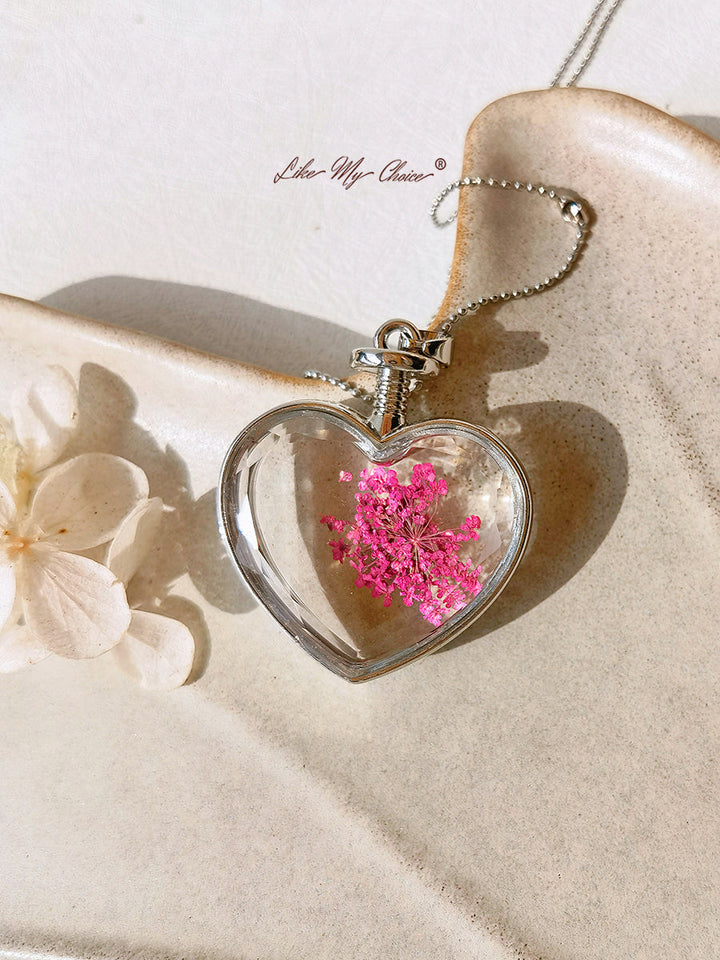 Collier Queen Anne Lace Floral Crystal Glass Heart