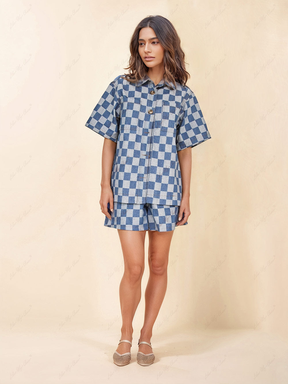 Loose Check Print Denim Shirt