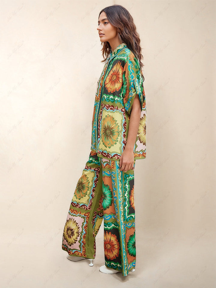 Unique Sunflower Print Wide Leg Pants