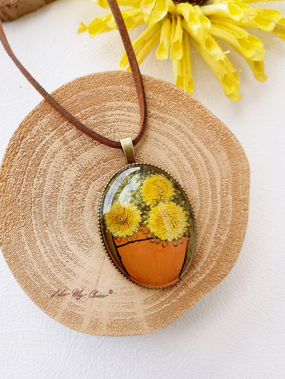 Collier fleurs séchées Van Gogh Tournesol Pendentif fleur conservée