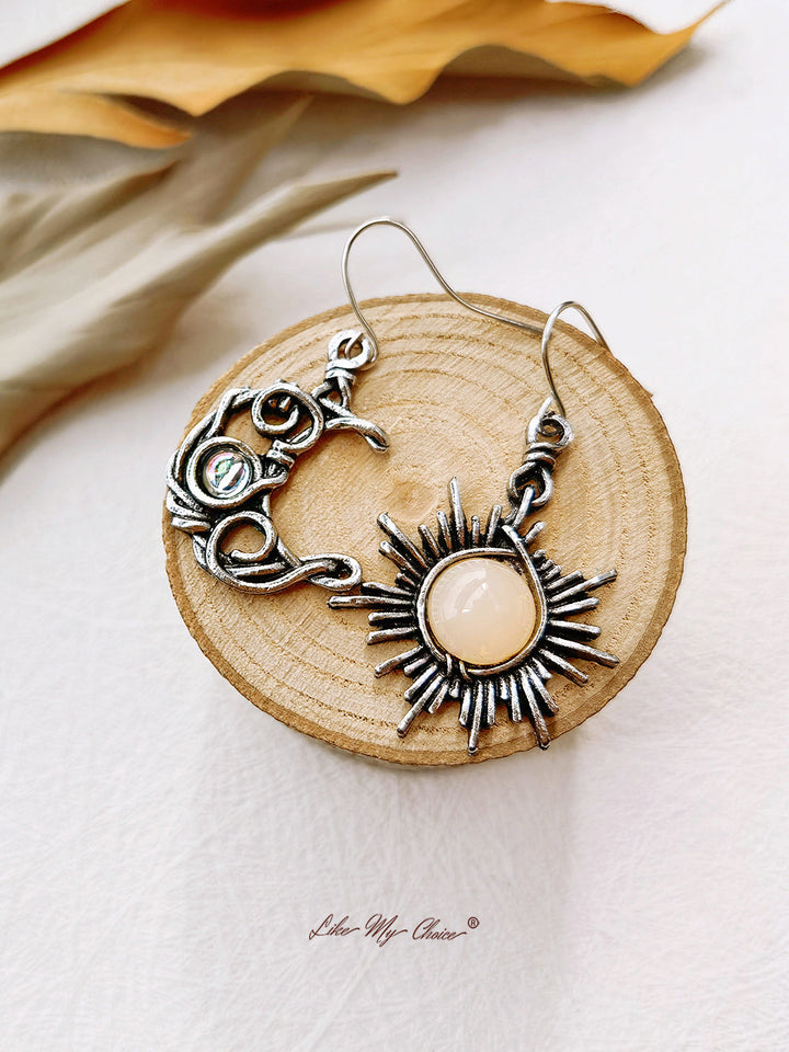 Boho Crystal Moonstone Øreringe Sun Moon Asymmetriske dropøreringe