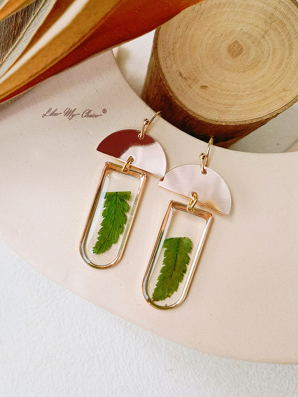 Window-shaped Brass Frames Pressed Fern Earrings