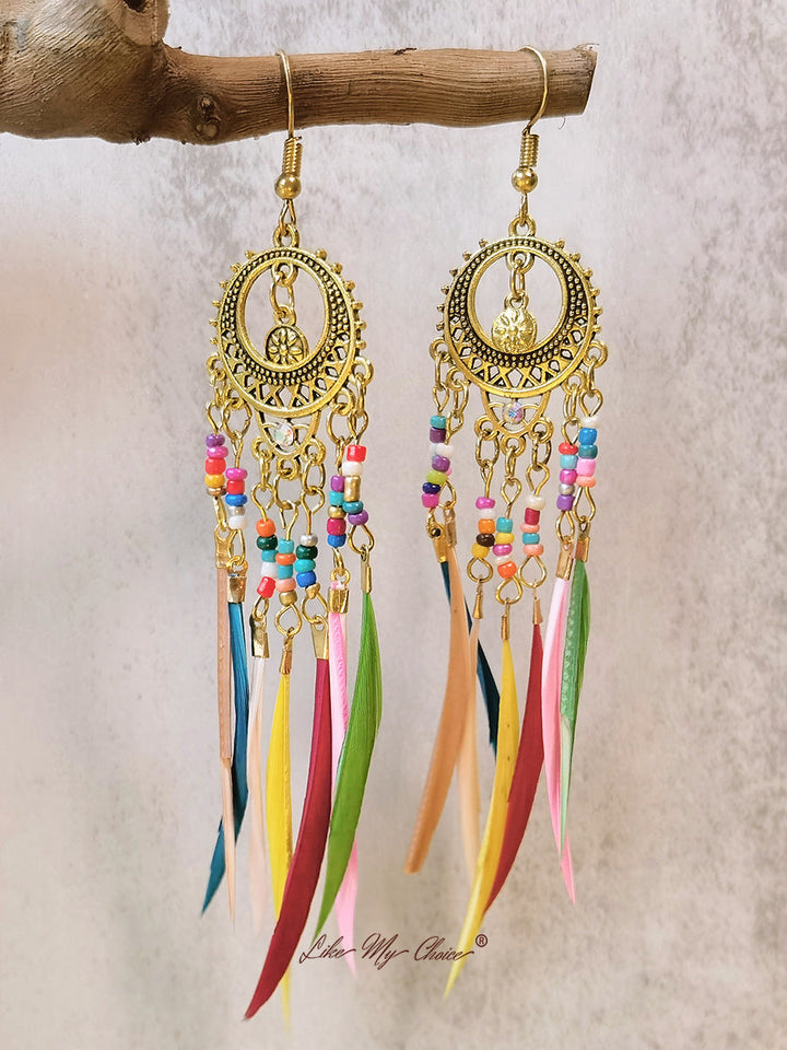 Εκλεκτής ποιότητας Ethnic μακρύ φτερό Dangle Boho σκουλαρίκια