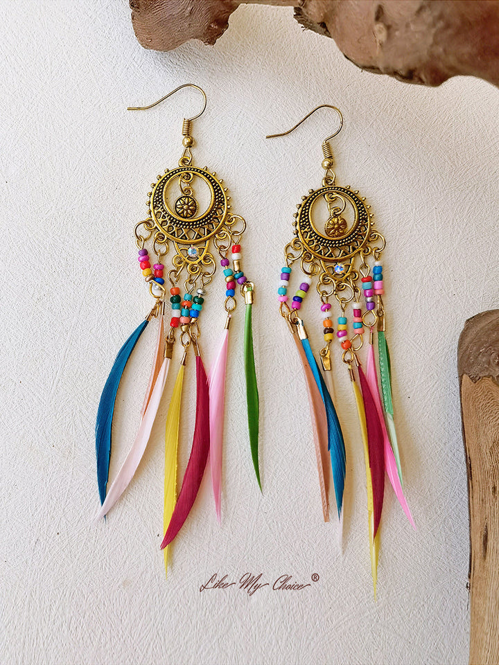 Εκλεκτής ποιότητας Ethnic μακρύ φτερό Dangle Boho σκουλαρίκια