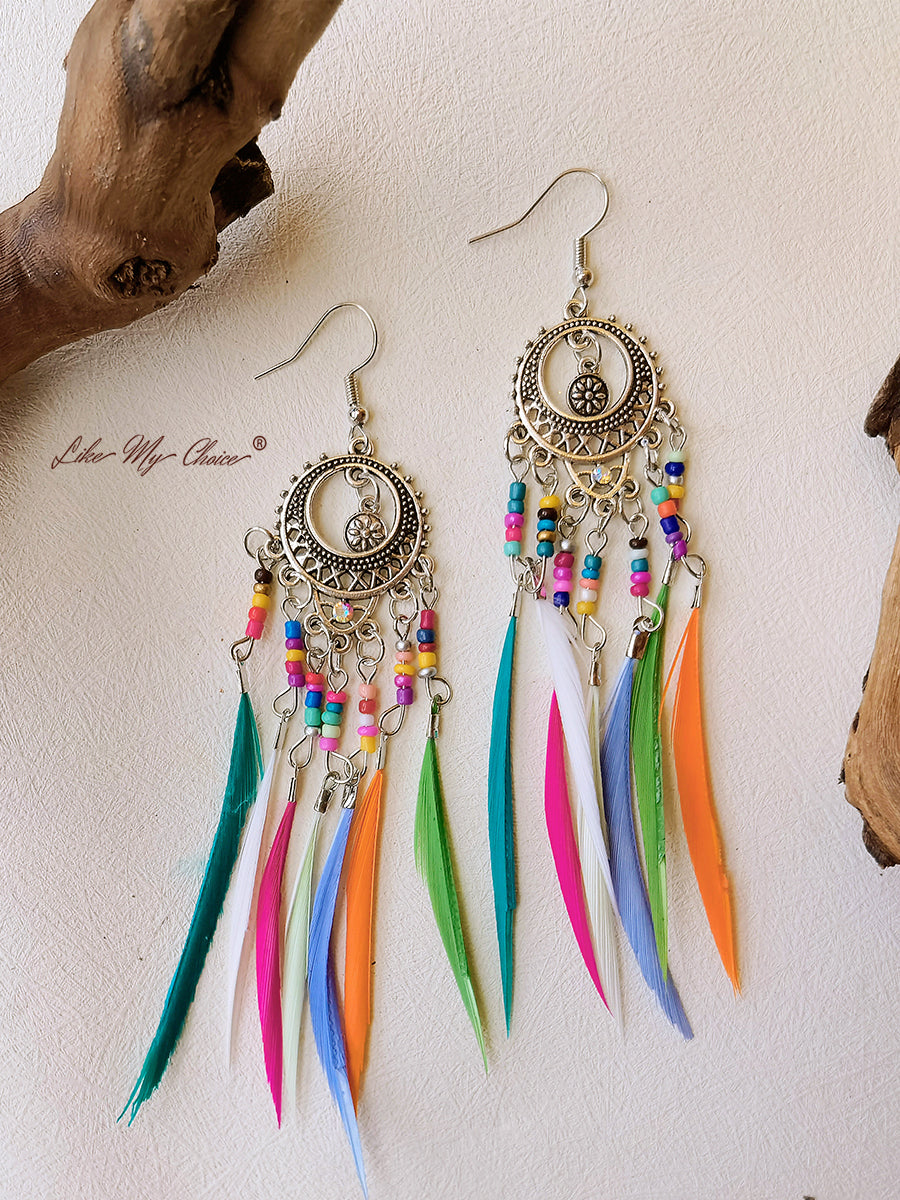 Anting Boho Juntaian Bulu Panjang Etnik Vintage