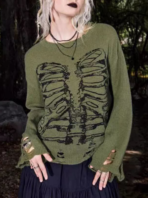 Halloween Skelett Dunkler Stil Zerrissener Langarmpullover