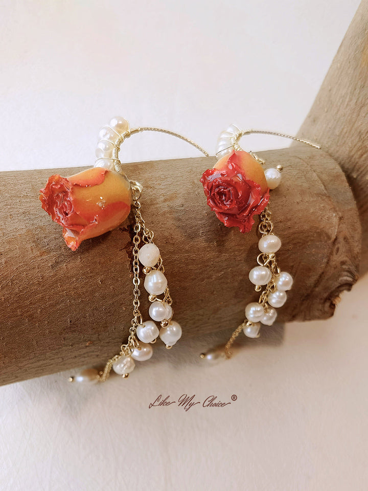 Pressed Flower Earrings - Pearl Dried Rose Flower