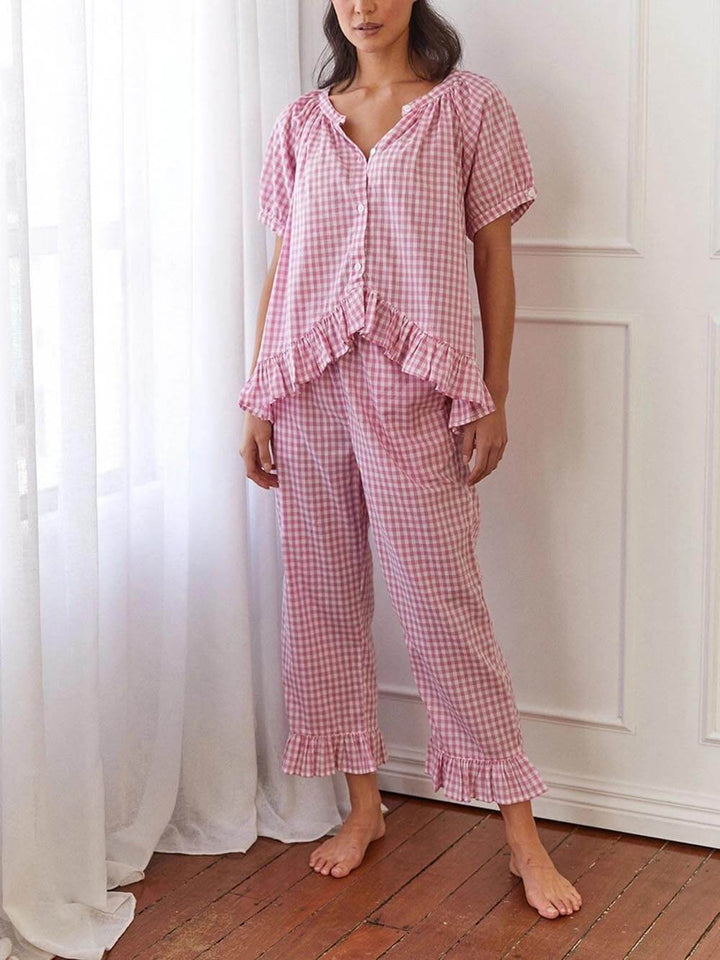 Casual Ruffled Plaid Print Shirt Pajama Set