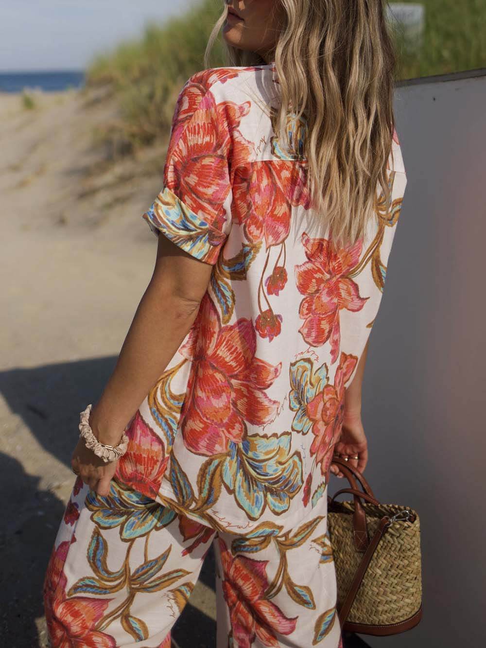 Modern Unique Floral Print Button-Down Oversized Blouse