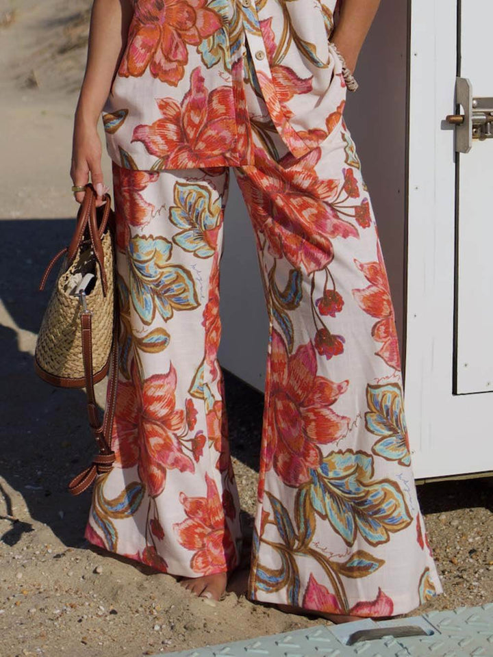 Pantalon à jambe large et poche élastique à imprimé floral unique et moderne