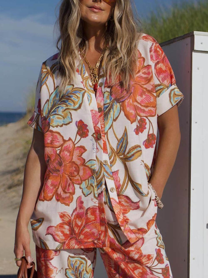 Modern Unique Floral Print Button-Down Oversized Blouse