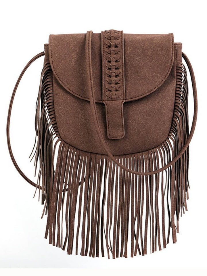 Woven Semi Circular Leather Tassel Crossbody Bag