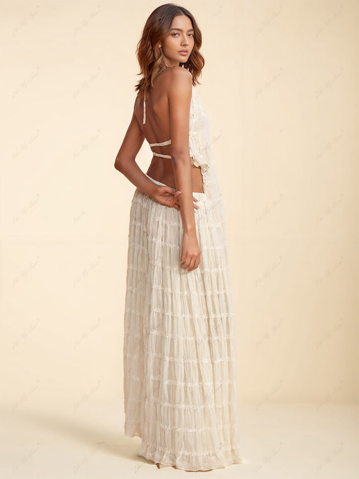 Charmed Pleated Drawstring Waist Tiered Maxi Skirt (jupe longue plissée à taille nouée)