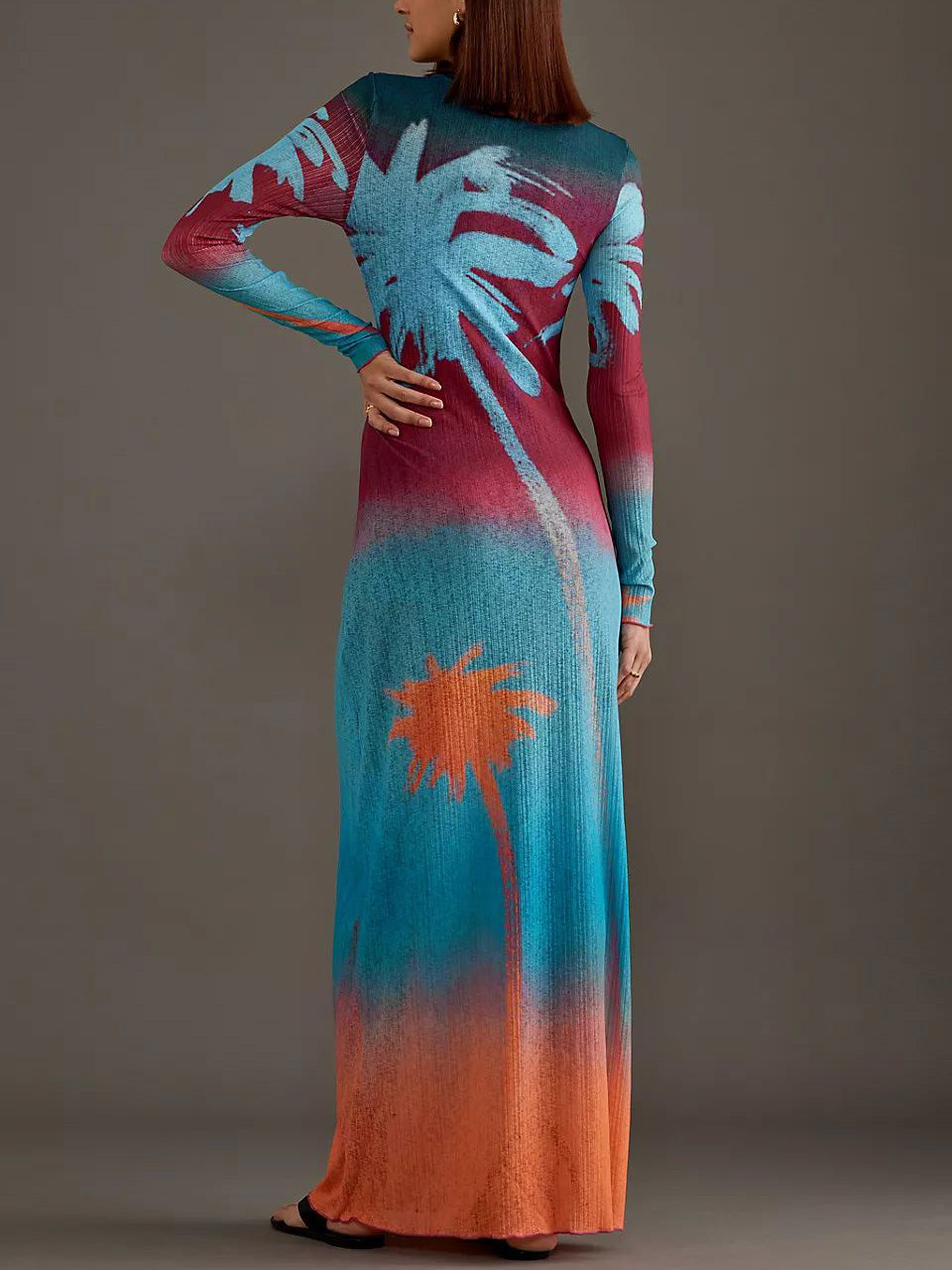 Unique Lining Painted Coconut Tree Print Maxi Dress